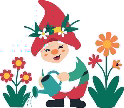 Cheerful Garden Gnome Watering Flowers Whimsical Illustration vector