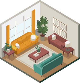 Cozy Modern Living Room Interior with Stylish Furniture and Plants vector