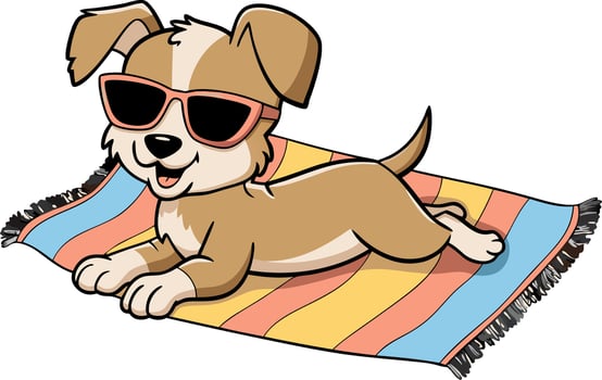 Cute Cartoon Dog in Sunglasses Relaxing on Colorful Beach Towel Illustration vector