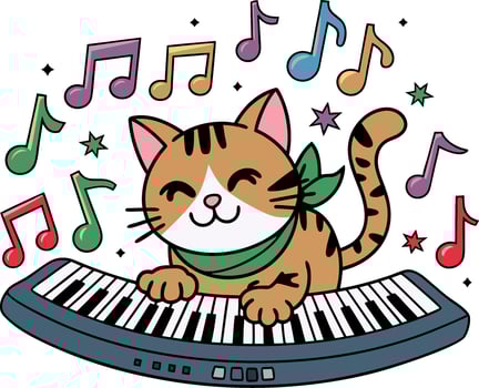 Cute Musical Cat Playing Keyboard with Colorful Notes Illustration vector