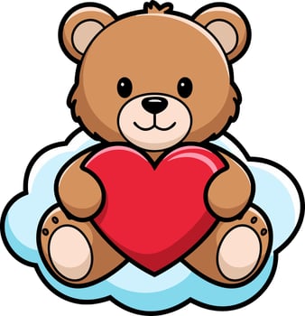 Cute Teddy Bear Holding Heart on Fluffy Cloud Illustration for Love and Affection Themes vector