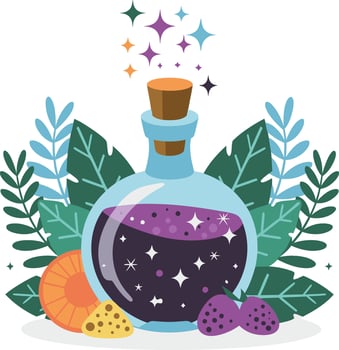 Magical Potion Bottle with Sparkling Liquid and Fruits Surrounded by Leaves Art vector