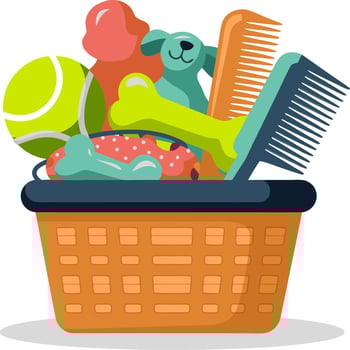 Pet Care Essentials Basket with Toys Bones and Grooming Supplies Illustration vector
