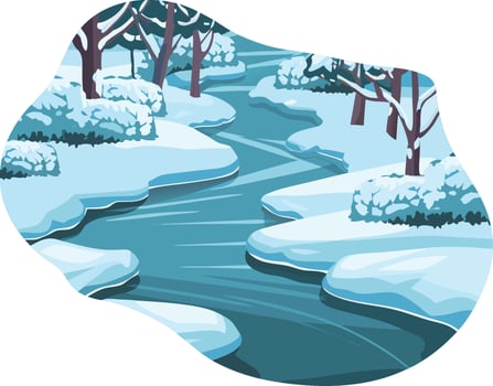 Serene Winter Landscape with Snowy River and Trees in Illustration vector