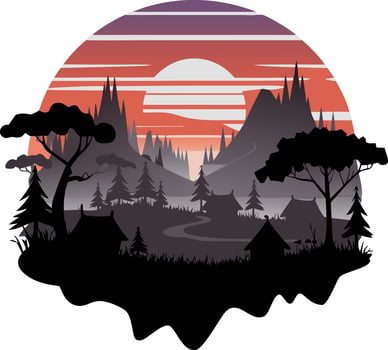 Sunset Silhouette Landscape with Mountains Trees and River Illustration vector