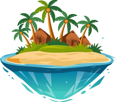 Tropical Island Paradise with Palm Trees and Huts Illustration vector