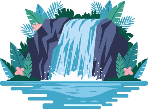 Tropical Waterfall Illustration with Lush Greenery and Blossoms vector