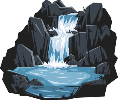 Illustration of Cascade Waterfall Flowing Over Dark Rocks into Pool vector