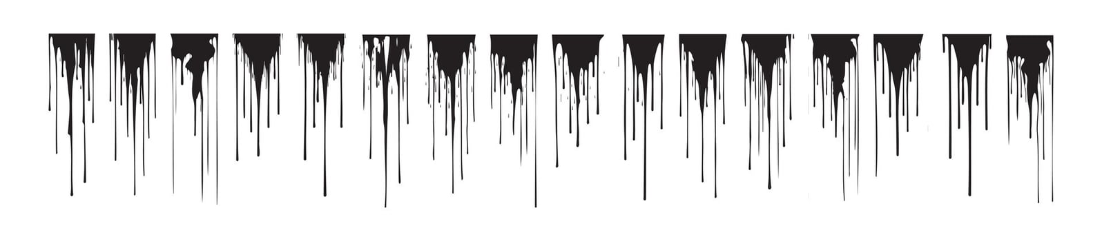 Set of black dripping paint isolated on a white background. Concept of grunge design, abstract splashes, ink drips, creative art elements. Print, pattern, visual effect vector
