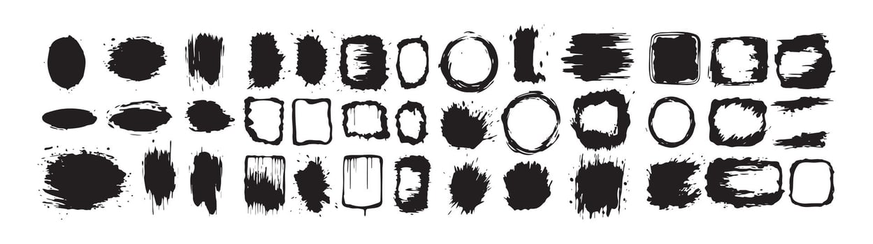Set of black grunge brush strokes isolated on white background. Concept of abstract shapes, artistic design elements, paint smudges, creative borders vector