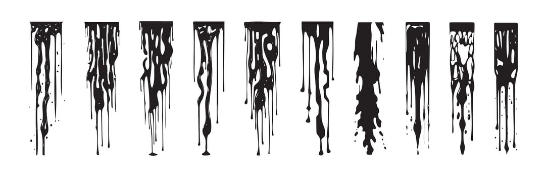 Set of Black paint drips isolated on white background. Concept of abstract design, paint splatter, grunge style, drip effect. Print, icon, design element vector