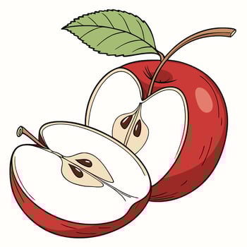 a red apple with a leaf on it and a slice cut in half vector