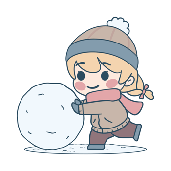 Cute little girl playing with snow and pushing snowballs. Christmas and winter cartoon illustration, perfect for stickers, greeting cards, merchandise, etc. png