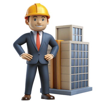 A cartoon man in a suit and hard hat standing next to a building png