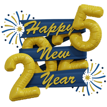 Happy New Year 2025. Realistic blue and yellow balloons. Decorative design elements. Object render 3d balloon with ribbon. png