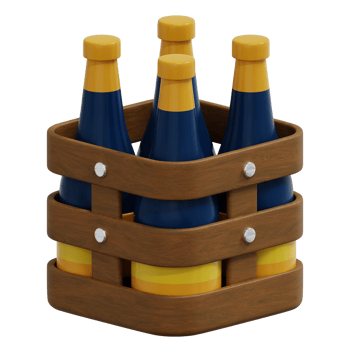 3d illustration of four blue champagne whit yellow caps in a wooden basket. Isolated on transparent background png