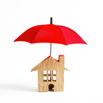 wooden house icon under red umbellar, insurance concept transparent background png