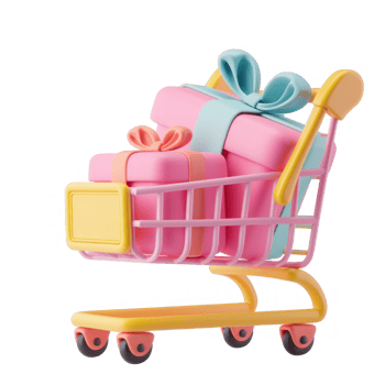 Cute shopping cart icon with a package gift box, 3d, transparent background png