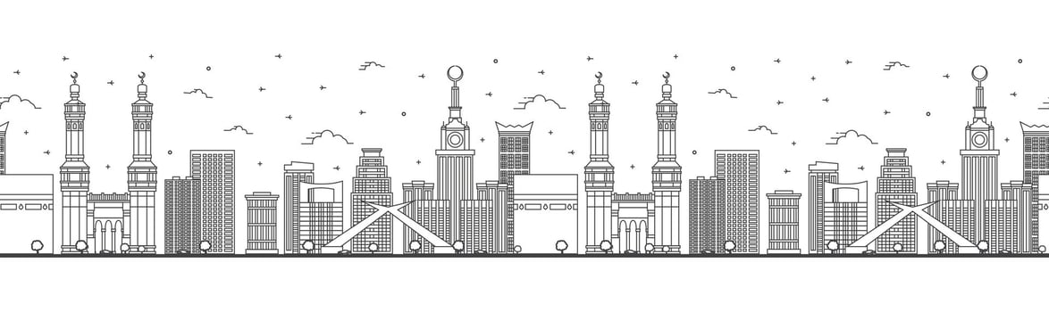 Seamless pattern with Outline Mecca Saudi Arabia City Skyline with Historic Buildings Isolated on White. Mecca Cityscape with Landmarks. vector