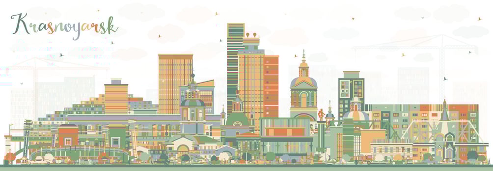 Krasnoyarsk Russia city skyline with color buildings. Krasnoyarsk cityscape with landmarks. Business travel and tourism concept with modern and historic architecture. vector