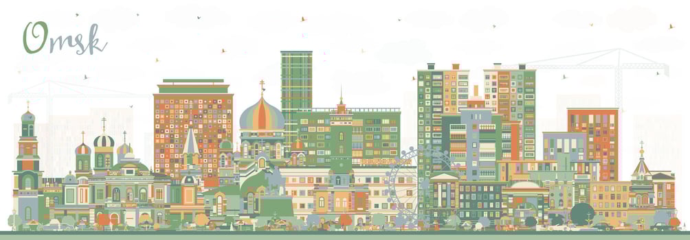 Omsk Russia city skyline with color buildings. Omsk cityscape with landmarks. Business travel and tourism concept with modern and historic architecture. vector