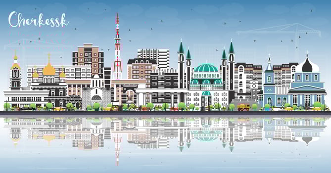 Cherkessk Russia city skyline with color buildings, blue sky and reflections. Cherkessk cityscape with landmarks. Travel and tourism concept with modern and historic architecture. vector