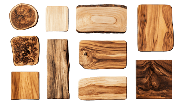A collection of various wooden pieces showcasing different textures and patterns. png