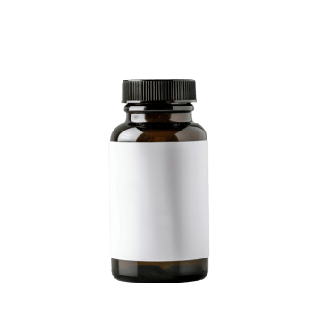 A vitamin bottle with blank label in front of a flat transparent background png