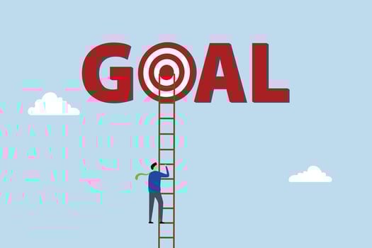 Ladder to reach goal, clever entrepreneur ascends ladder high into the cloud to hit target bullseye. vector