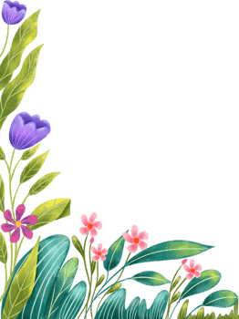 Floral frame of green leaves with purple and pink flower meadow with negative space for greeting card or wedding invitation background. png