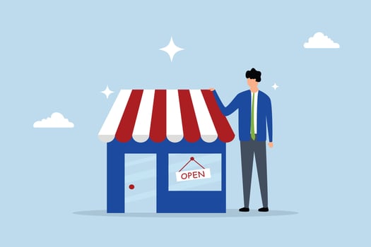 Business owner start small business, entrepreneur standing proudly with his newly launched business vector