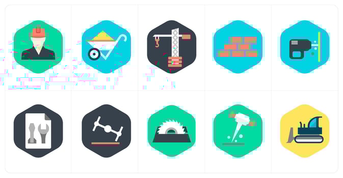 A set of 10 mix icons as engineer, wheel barrow, crane vector