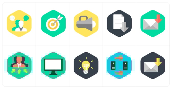 A set of 10 mix icons as business conversation, target, promotion, download document vector