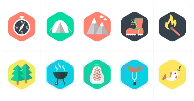 A set of 10 mix icons as compass direction, camping, hills vector