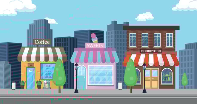 Coffee shop, pastry shop and bookstore on the background of the city. vector