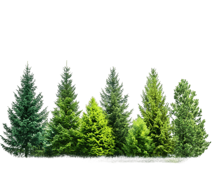 A collection of various evergreen trees showcasing different shades of green. png