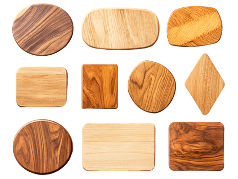 A collection of wooden cutting boards in various shapes and sizes. png