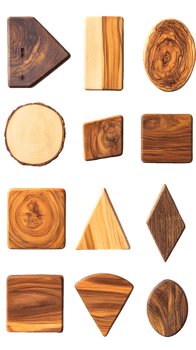 A collection of wooden geometric shapes in various finishes and sizes, showcasing craftsmanship. png