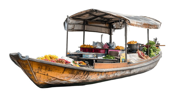 A colorful boat filled with fresh fruits and vegetables, serving as a floating market. png