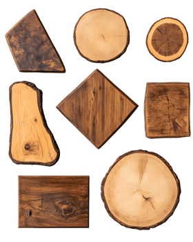 A collection of wooden slices and shapes, showcasing natural textures and patterns. png