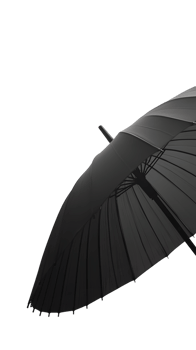 A black umbrella viewed from the side, showcasing its structure and design. png