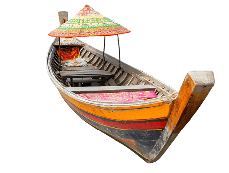 A colorful traditional boat with a decorative umbrella, designed for leisure and travel. png