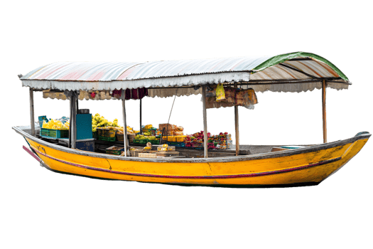 A colorful boat serving as a floating market, filled with various fruits and vegetables. png