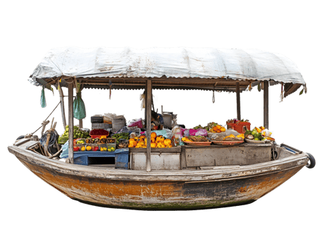 A floating market stall filled with colorful fruits and vegetables on a boat. png