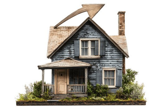 A quaint blue house with a porch, surrounded by greenery and an upward arrow on the roof. png