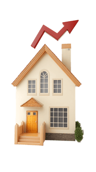 A house with an upward arrow, symbolizing growth or increase in property value. png