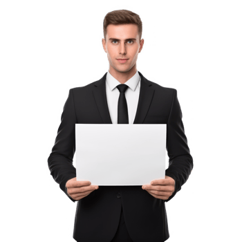 Businesswoman holding laptop with white screen mockup, photorealistic, isolated on transparent background png