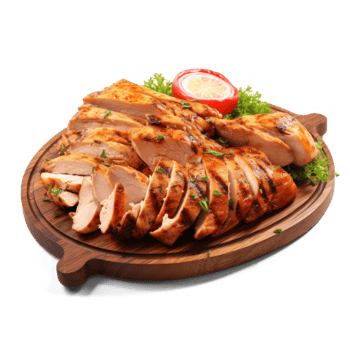 Full chicken cut into pieces that is freshly grilled looking yummy on wooden plate, splash colors, mouth watering, yummy, transparent background png
