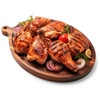 Full chicken cut into pieces that is freshly grilled looking yummy on wooden plate, splash colors, mouth watering, yummy, transparent background png