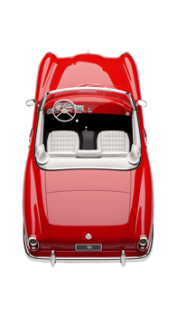 A top view of a classic red convertible car showcasing its sleek design and interior. png